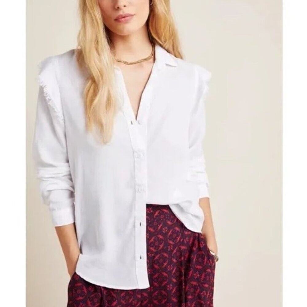 Cloth & Stone Anthropologie Minimal Boho Chic Fray Ruffle Shoulder Button Down - Picture 8 of 9